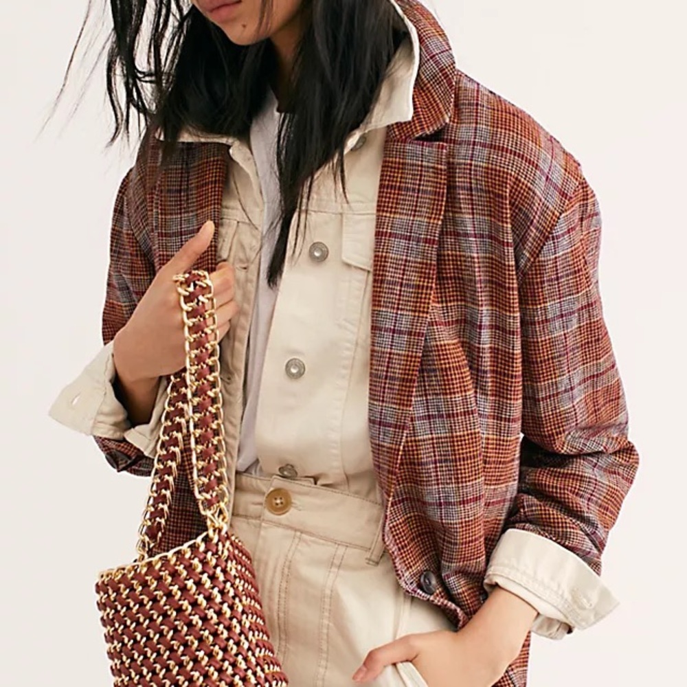 Free People Plaid Blazer in Rust Red and Cream